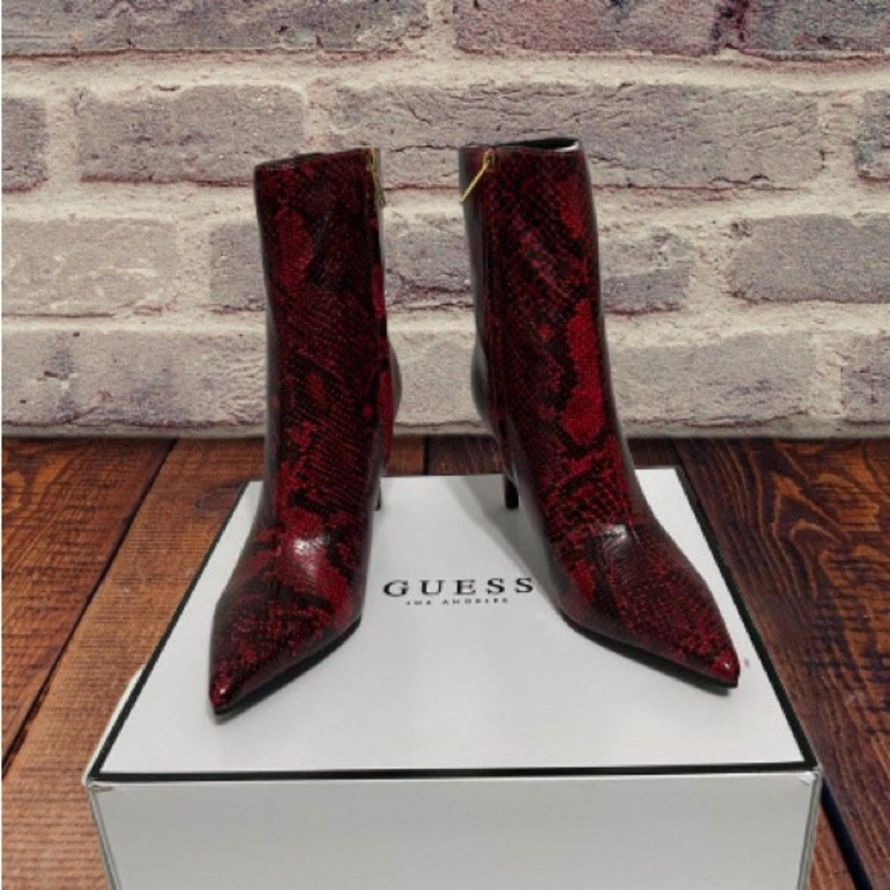 Guess Women’s Richery Stiletto Heel Ankle Dress Booties Red Snake 10M